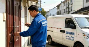 镇海开锁师傅身穿工作服使用专业工具技术开启防盗门，镇海 24 小时上门开锁服务