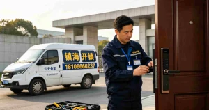 宁波镇海开锁师傅上门开锁，穿开锁工作服，24 小时上门服务