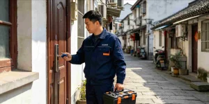 宁波江北开锁师傅携带工具箱上门服务，老外滩古街居民区开锁