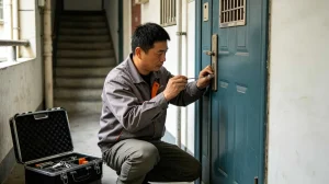 宁波江北开锁师傅上门开启防盗门，工作服印有宁波锁匠
